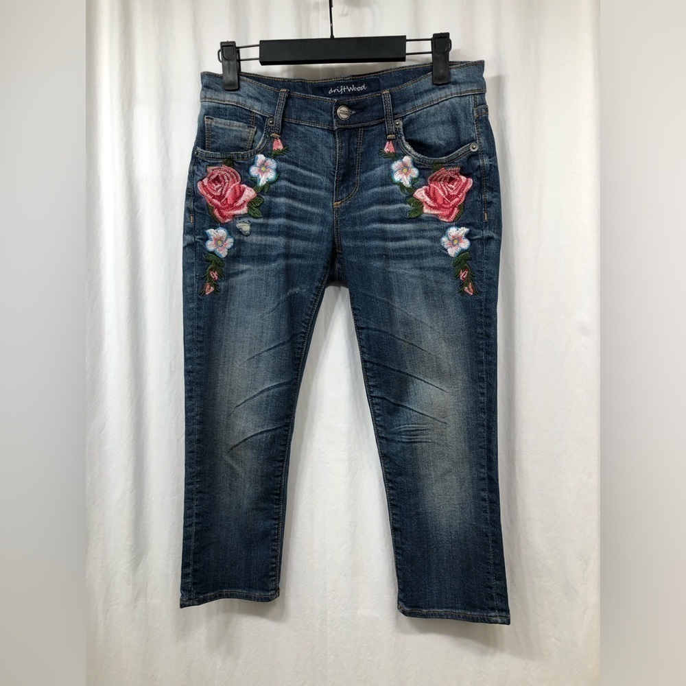 DRIFTWOOD Dark Wash Cropped Jeans with Pink Rose Embroidery